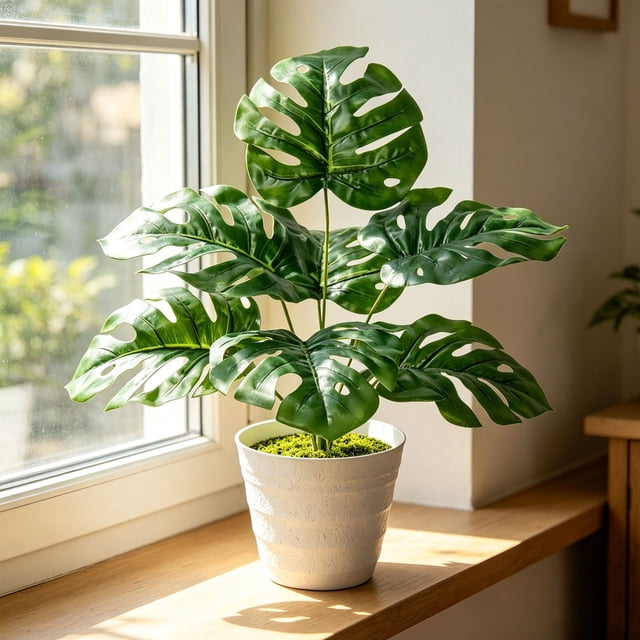 Monstera Deliciosa Artificial de Bonsái para Interiores con Ramas Ajustables, Follaje Verde Realista para Decoración de Hogar y Oficina, 45 cm