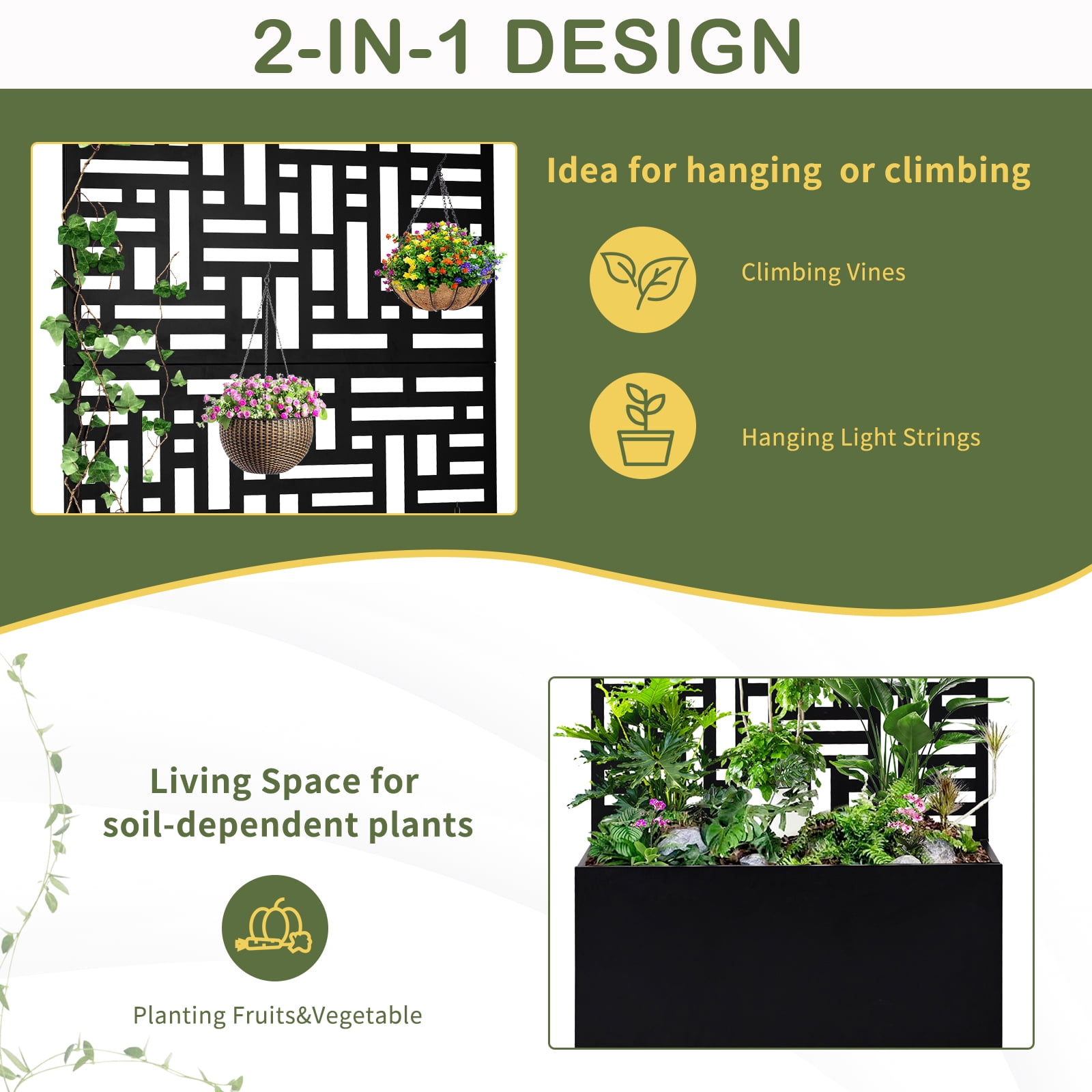 Zimtown 71'' Outside Raised Garden Bed with Drainage Holes, Free-Standing,for Vine Climbing Plants and Flowers, Black