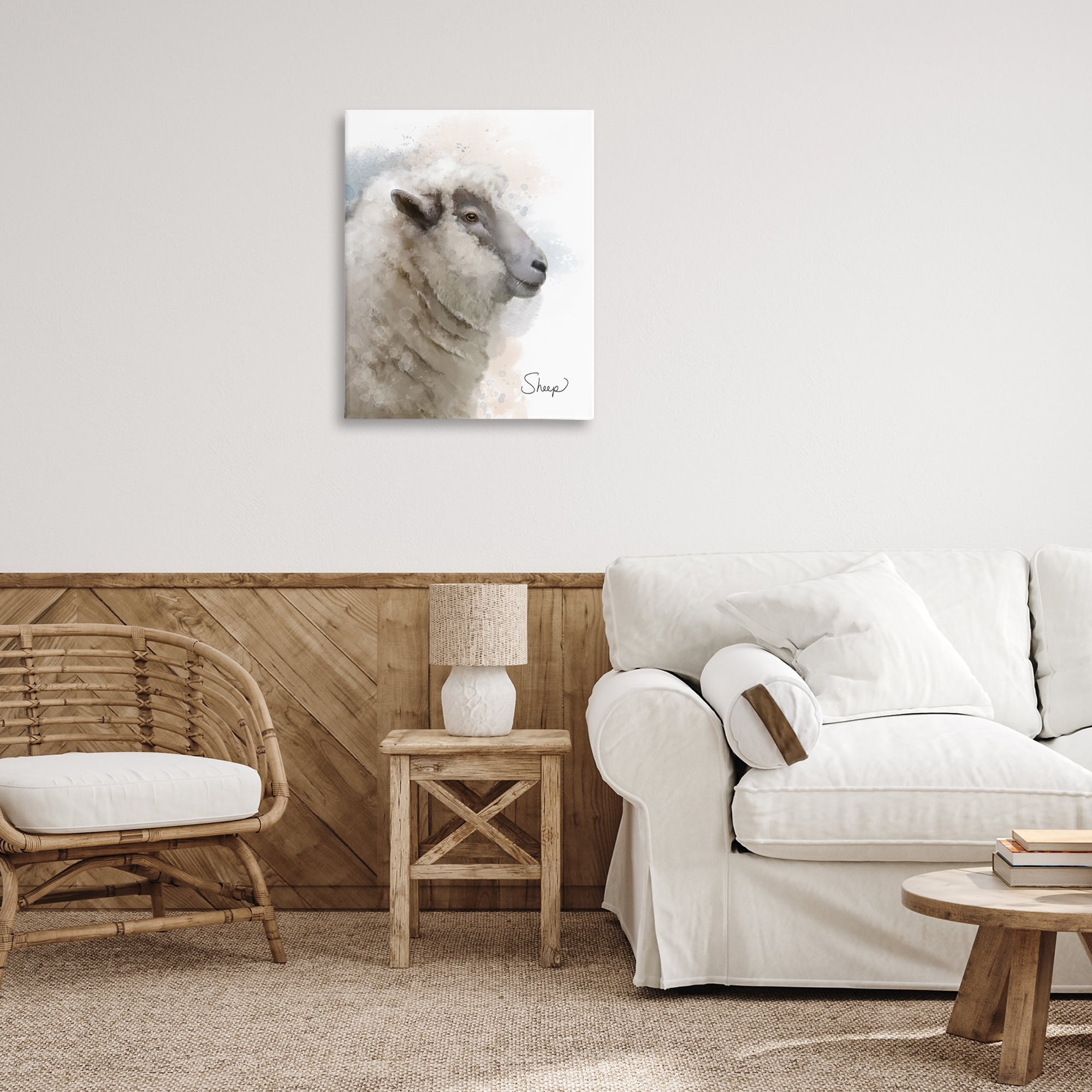 Stupell Industries Smiling Farm Sheep Animals Painting Wrapped Canvas Art Print Wall Art, 24 x 30