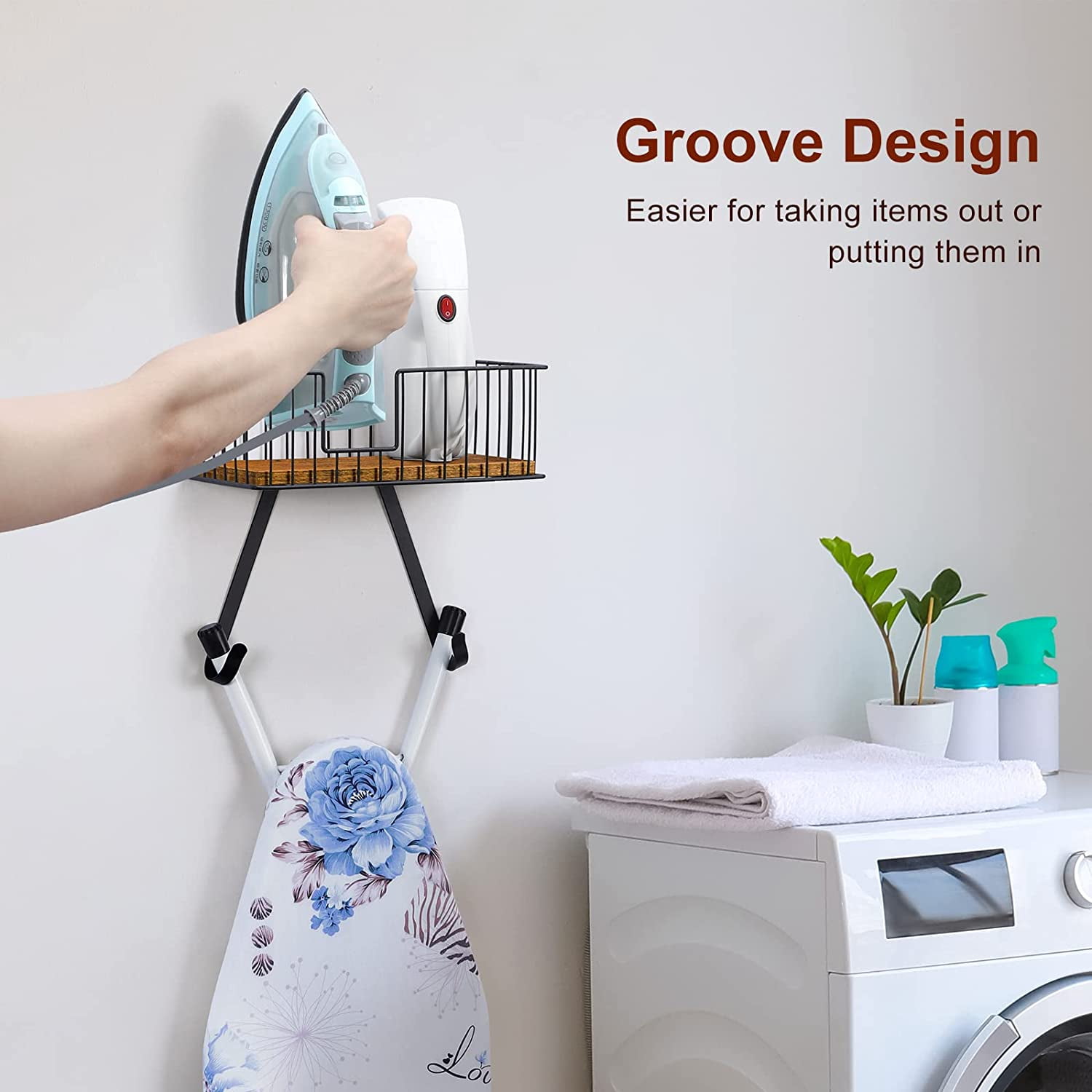 Wall Mounted Ironing Board Hanger for Y-Leg with Storage Basket, Black