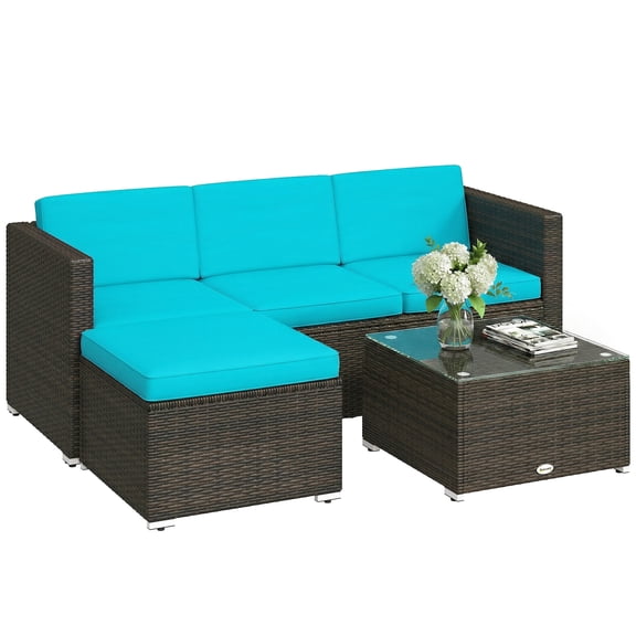 Outsunny Mobilier de Patio en Osier avec Coussins Rembourrés, Ensembles de Canapé d'Angle, Turquoise