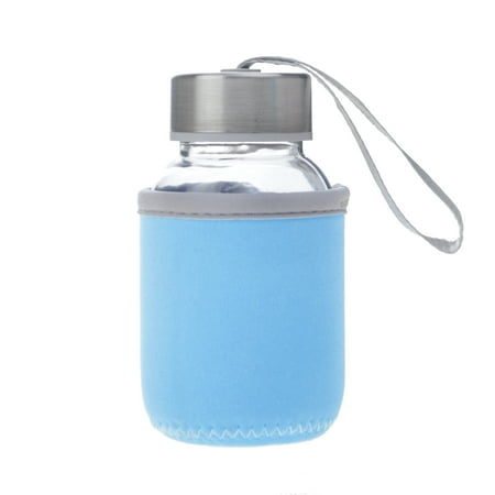 Blue Glasses Drinking Aspire 5oz Premium Glass Water Bottle with Insulated Sleeve, Stainless Steel Caps with Carrying Loop, Wide Mouth Leakproof Drink Bottles, for Kids-LightBlue ()