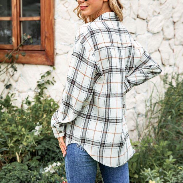 Tops De Moda Para Mujer, Bolsillo De Blusa A Cuadros Transpirable Para El Trabajo Para Citas ANGGREK No