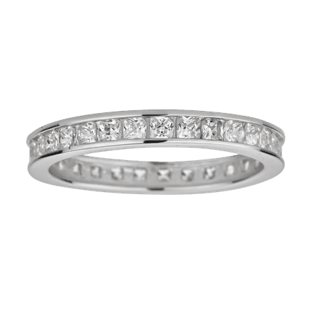 - Sterling Silver Rhodium 3.30mm Princess Cut Channel Set Cubic Zirconia Eternity Band Stackable Ring