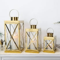 Gold Stainless Steel Lantern Set of 3 with Tempered Glass Panels for Indoor&Outdoor(Gold)