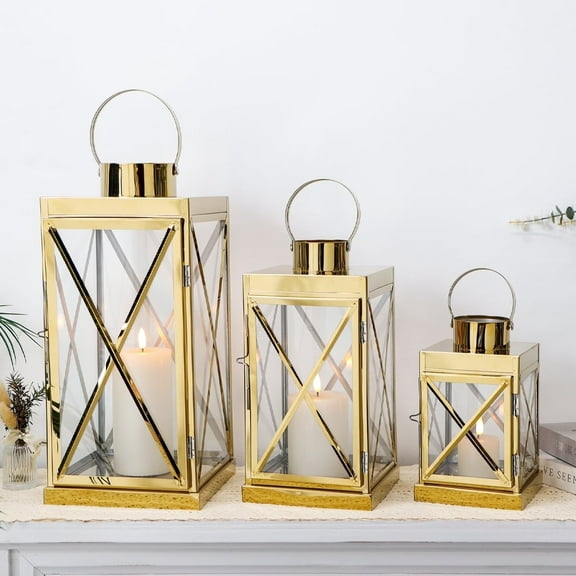 Gold Stainless Steel Lantern Set of 3 with Tempered Glass Panels for Indoor&Outdoor(Gold)