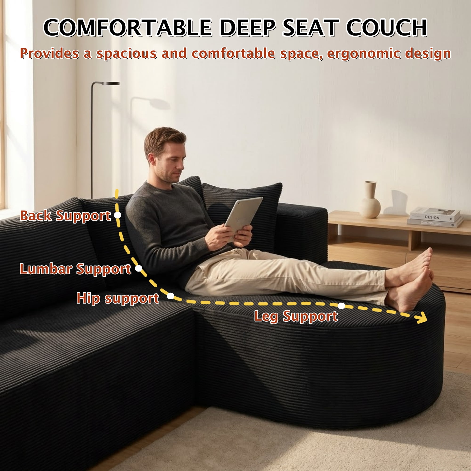 ShiKeyi 105" Modular L-Shaped Cloud Sofa, 3-Seater Corduroy Sectional Couch with Deep Seats Chaise, Soft Boneless Design for Living Room, Black (Left)