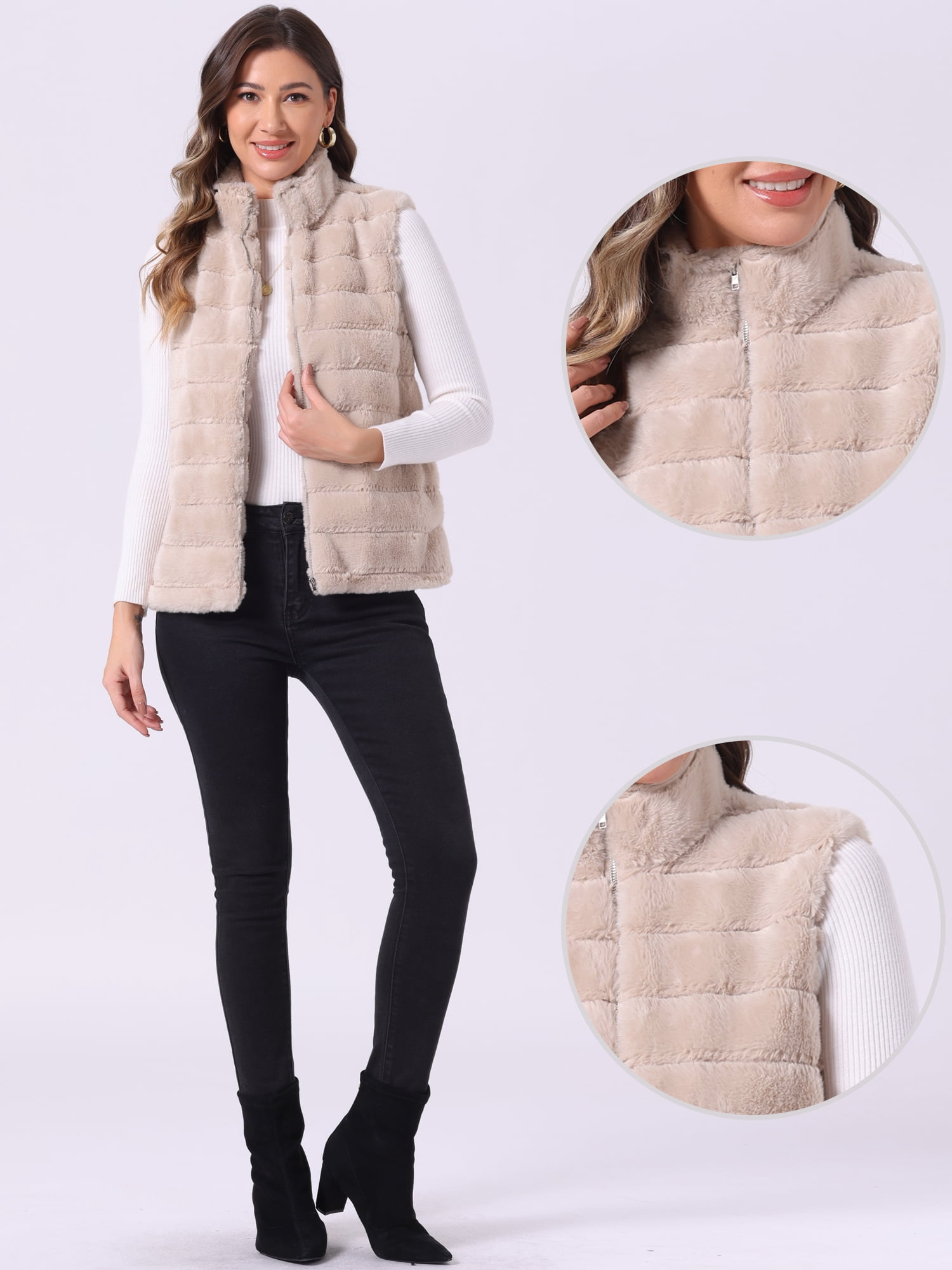 DARING DIVA Women's Stand Collar Fluffy Vest Faux Fur Sleeveless Coat XL Beige