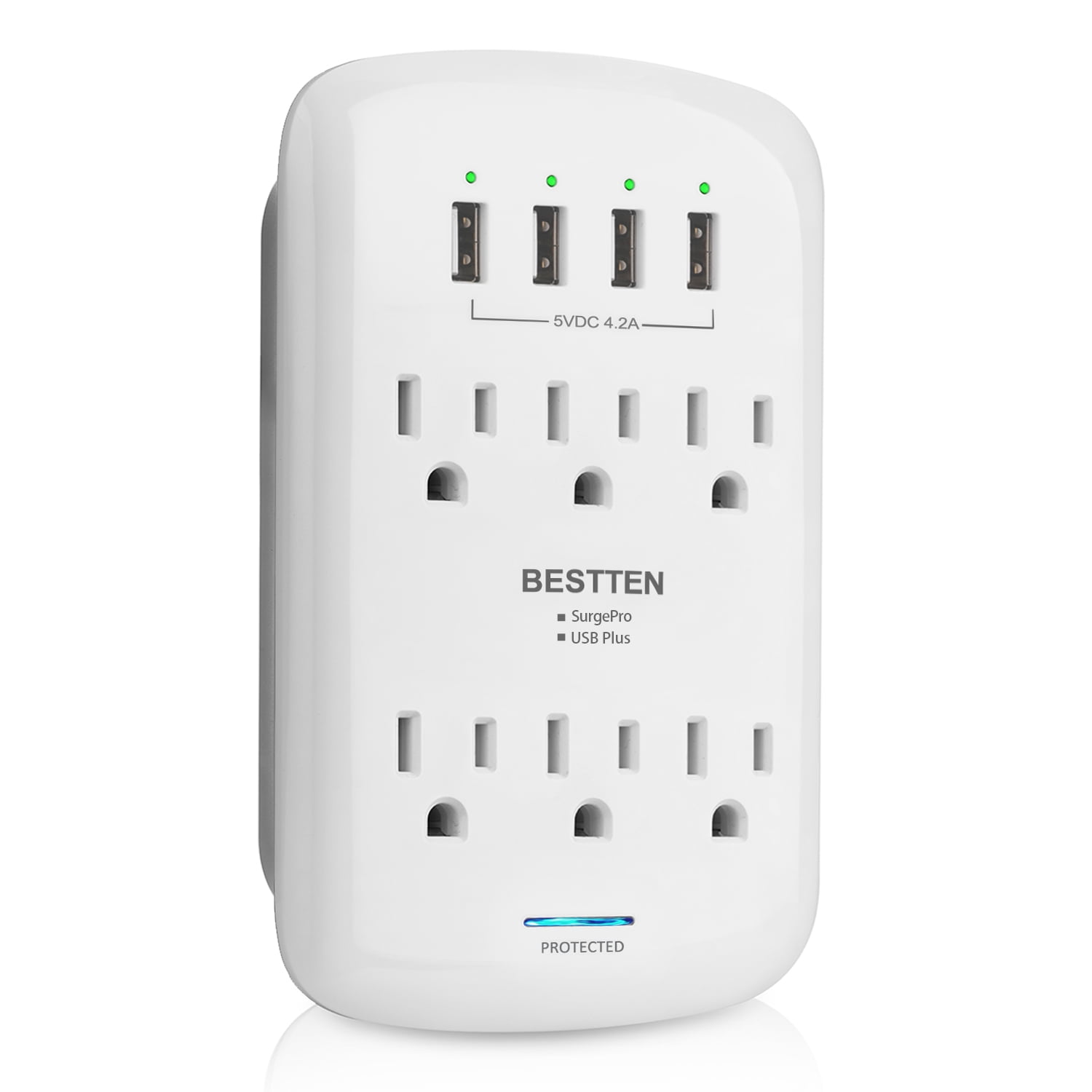 BESTTEN USB Wall Outlet Surge Protector (1200 Joules), 6 Grounded Outlets with 4 USB Charging