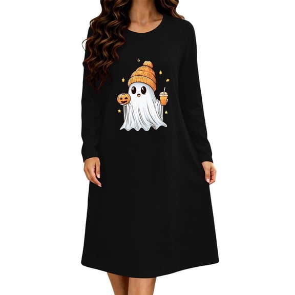 Edvintorg Night Gowns for Adult Women Crew Neck Loose Lounge Dress Halloween Printed Long Sleeve Casual Sleepshirts Plus Size Womens Clothing Black XL