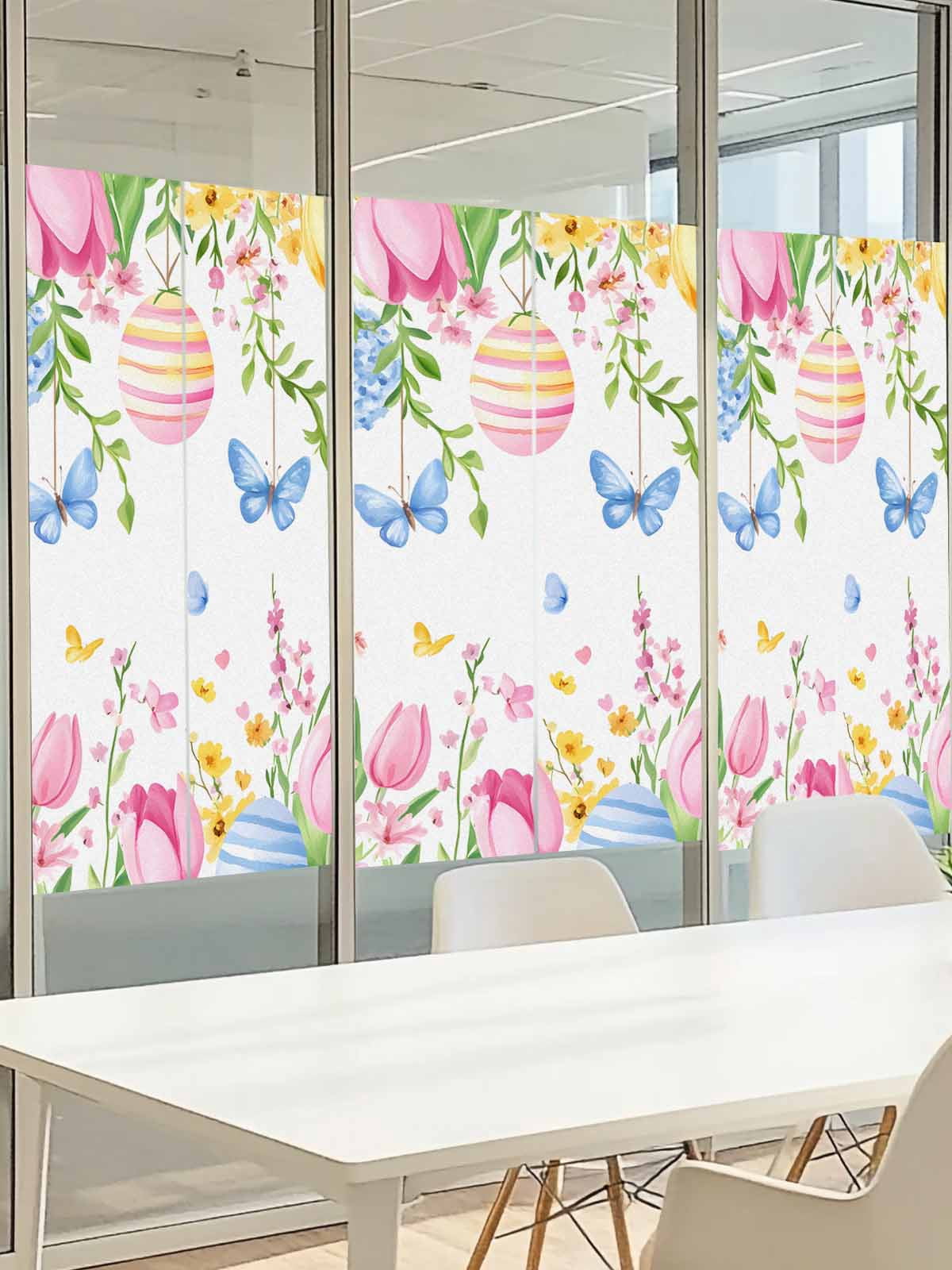 Easter Flowers Window Privacy Film, Watercolor Country Pink Blue Yellow Floral Eggs Butterfly Frosted Glass Window Clings Static Cling UV Heat Blocking Reusable Sticker for Bedroom 35.4x78.7 Inch
