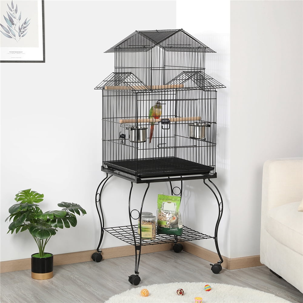 Alden Design 55" H Metal Rolling Bird Cage with Triple Roof Detachable Stand for Birds Finches Lovebirds Canaries Cockatiels Conures Parakeets, Black
