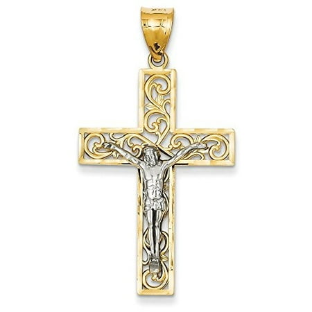 - 14K Two Tone Gold Latin Crucifix Filigree Cross Charm Pendant
