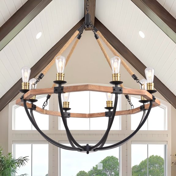 Wagon Wheel Chandelier - Adjustable 8-Light Rustic Wood & Metal Farmhouse Pendant with Seeded Glass