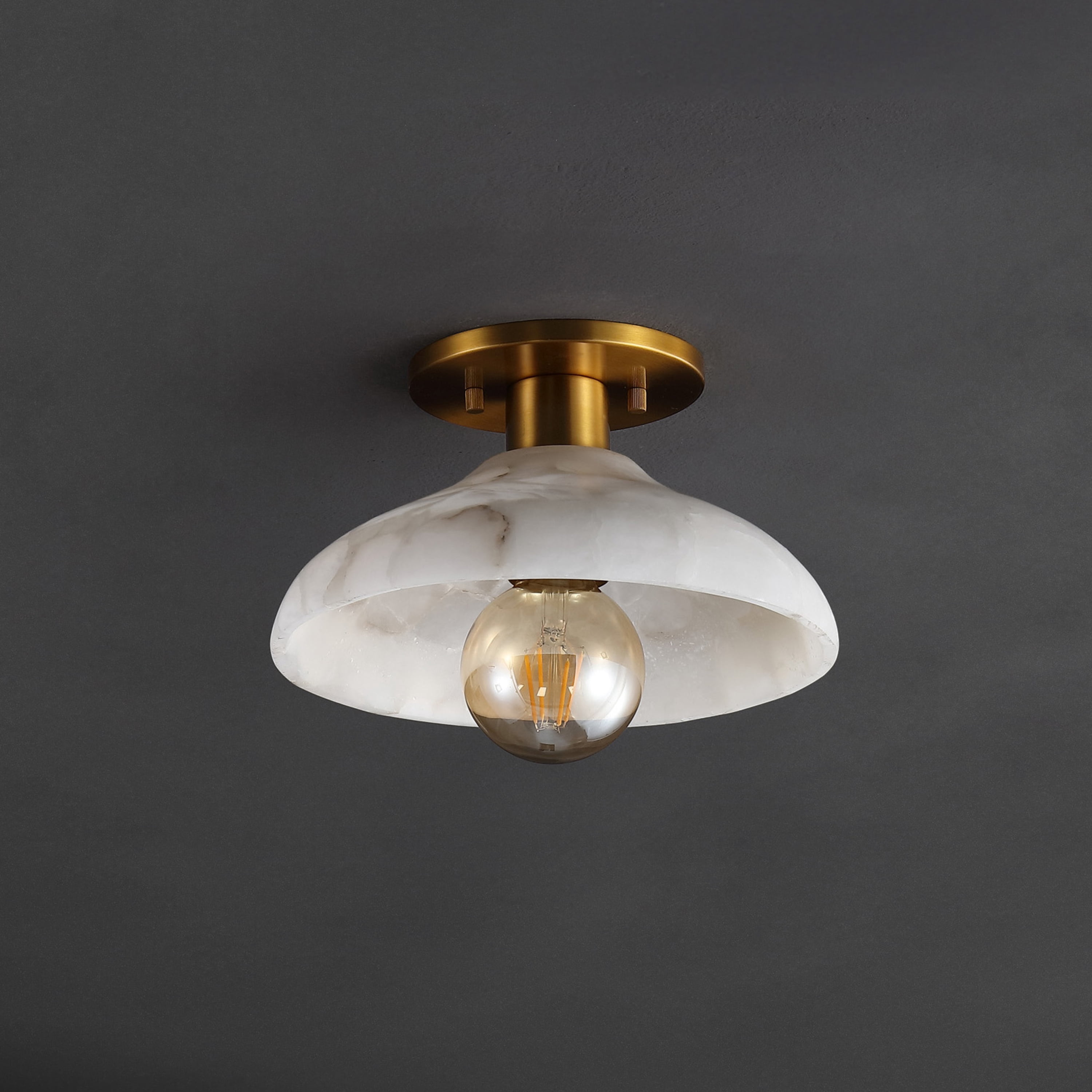JONATHAN Y Amara 10" 1-Light Mid-Century Classic Alabaster/Iron LED Semi Flush Mount, White/Brass Gold