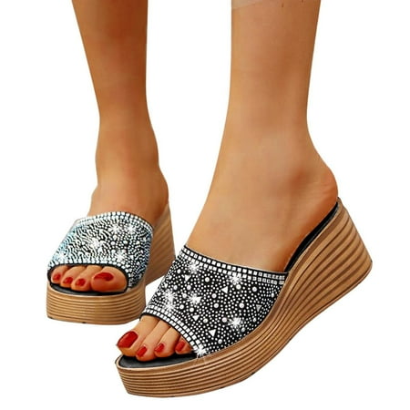 

Pgeraug womens slippers Ladies Shoes Fashion Comfortable Platform Platform Wedge Rhinestone Fish Mouth Sandals mens slippers Black 38