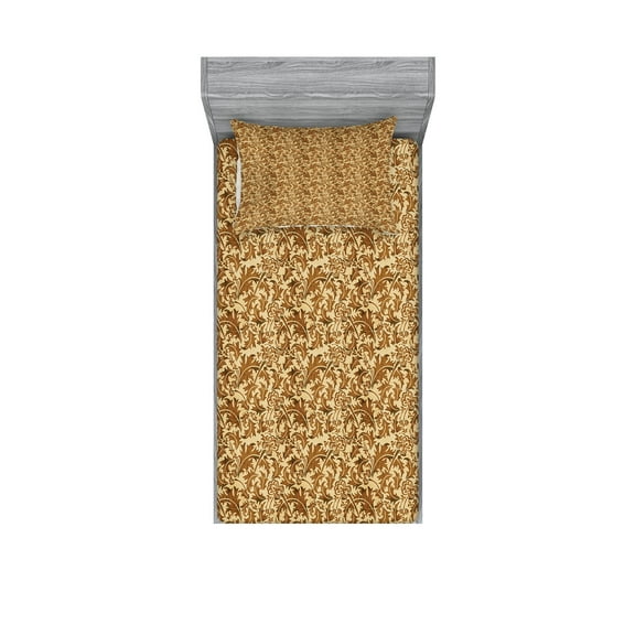 Ambesonne Vintage Fitted Sheet & Pillow Sham Set, Faded Curled Leaves, Twinxl, Caramel and Beige