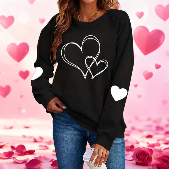 BLTIBY Valentine Sweatshirts for Women Love Heart Graphic Sweater Long Sleeve Round Neck Pullover Blouse Casual Fashion Valentines the Day Top Black XS