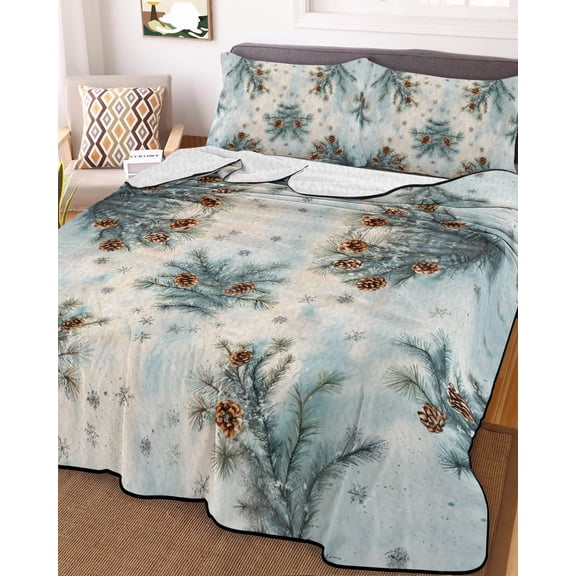 Blue Christmas Queen Size Down Alternative Comforter, Lightweight Comforter Quilt Bedding Set with Pillow Shams Xmas Botanical Pine Cones All Seasons Bed Comforter Duvet Insert 90"x96"