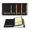 Kisdo 4 Packs Spiral Notebook Sticky Notes Business Notebook with Pen In Holder, Page Marker Colored Index Tabs, 4.5?x5.5? Lined Steno Pocket Kraft Paper Black Cover Notepad