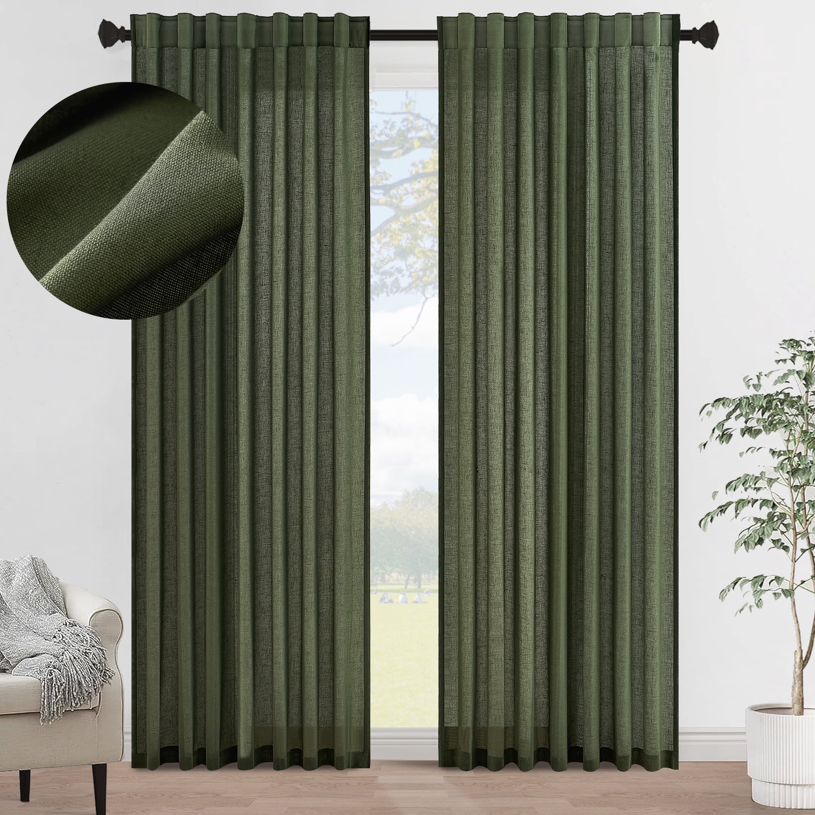 Jainmy Classic Flax Linen Blend Semi Sheer Curtains, Back Tab Drapes for Living Room Bedroom Dining Farmhouse, 52"x96", 2 Panels, Olive Green