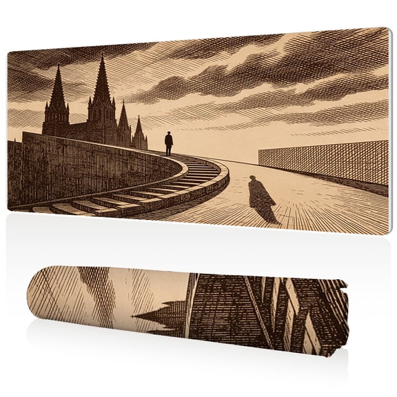 LIVEKEY Extra Large Mouse Pad 80x40x0.3cm Solitary Walker on Path to Castle Design Full Desk Coverage Non Slip Durable Easy Clean Stitched Edges for Gaming and Office