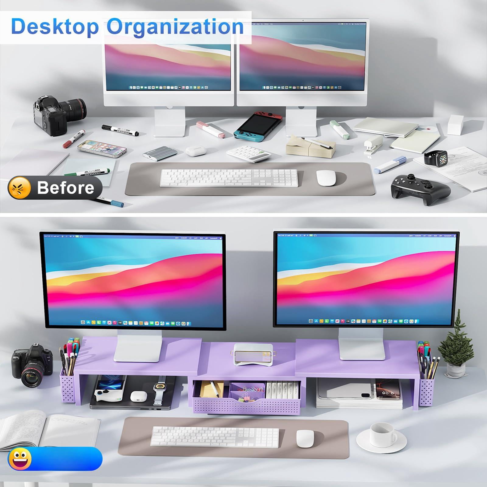 Dual Monitor Stand Riser  Desk Organizer With Drawer And 2 Pen Holders Organizers Accessories Purple Office Decor (purple)