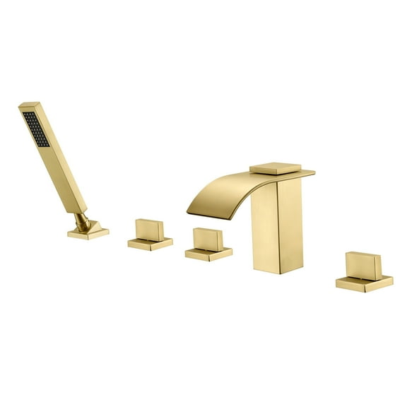 Brushed Gold Deck Mounted Roman Tub Faucet Set,Five Holes Waterfall Spout with Handshower