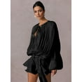 thumbnail image 6 of Elegant Ruffle Short Dress for Women Pleated Lantern Long Sleeve Lace Up Tie Waist Bohemian Beach Dresses Black S, 6 of 8