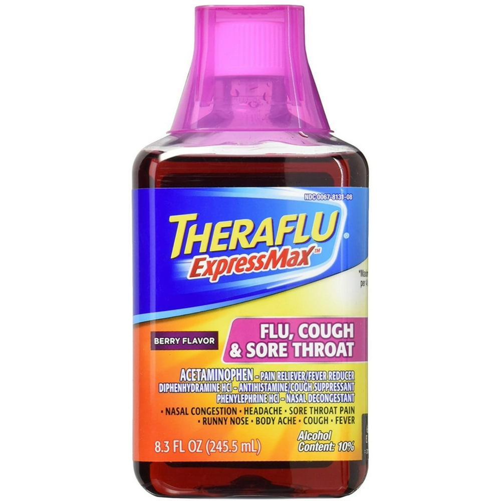 3 Pack Theraflu ExpressMax Flu Cough & Sore Throat Syrup, Berry