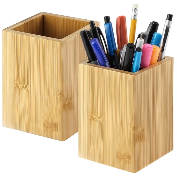 2 Pcs Wood Pencil Holder, Multi Use Wood Pen Cup Holder, 3.9 x 3.1 in Wood Desk Organizer, Large Capacity Desktop Accessories Pen Organizer for Office, Home