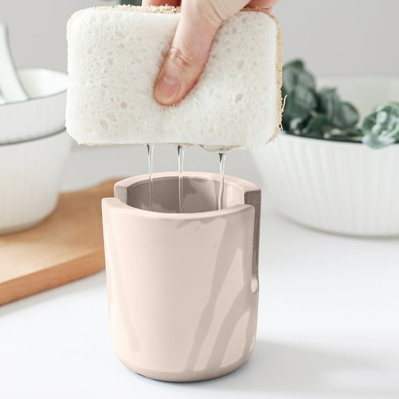 Euaioeiu Ceramic Sponge Holder with Drip Tray, Kitchen Sink Organizer for Sponge Soap and Scrubber, Countertop Drain Rack, Space Saving Dishwashing Accessories for Modern Farmhouse and Apartment