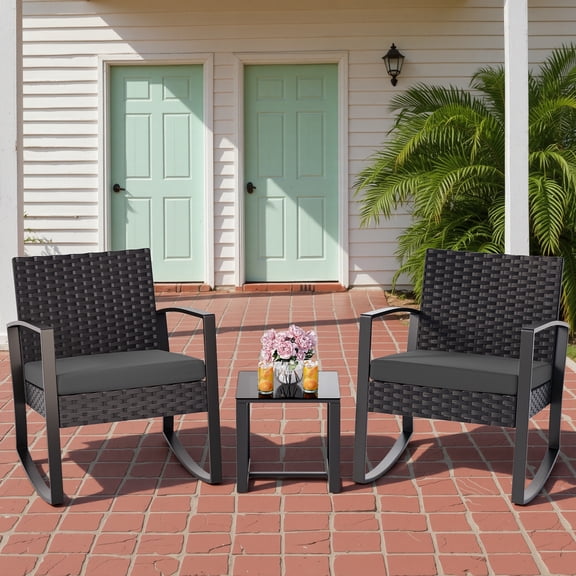 Patio Furniture Set, Rocking Bistro Set Chair with Coffee Table for Balcony, Backyard, Black