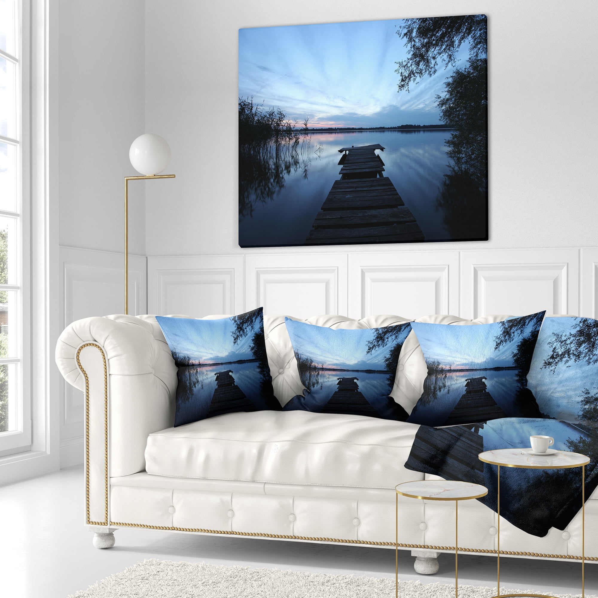 Designart Dark Wooden Pier in Lake - Seascape Throw Pillow - 16x16