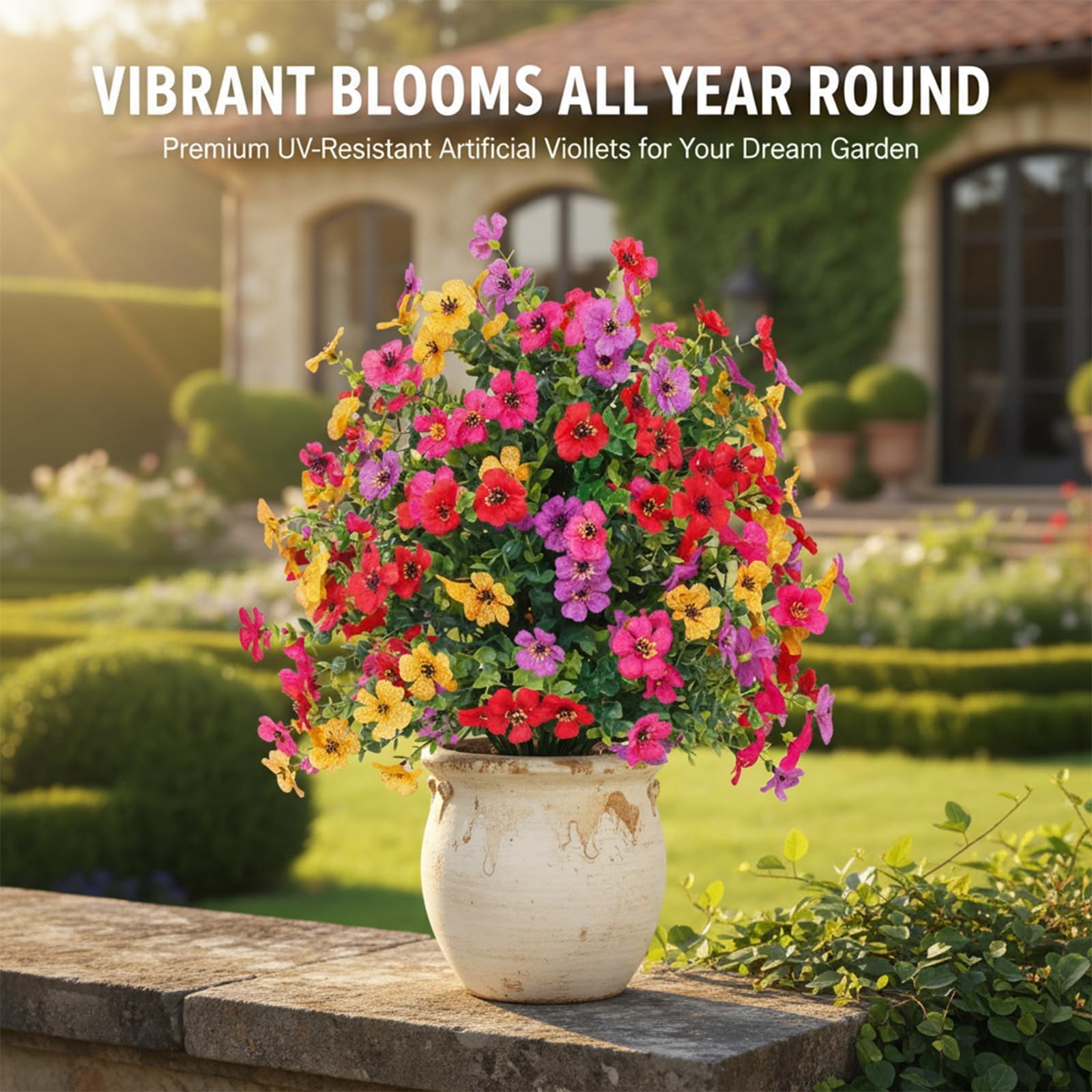 Artificial Flowers for Outdoors with Ground Stakes, 22 Inch UV Resistant Waterproof Faux Violet Blooms, Decorative Garden and Porch Display