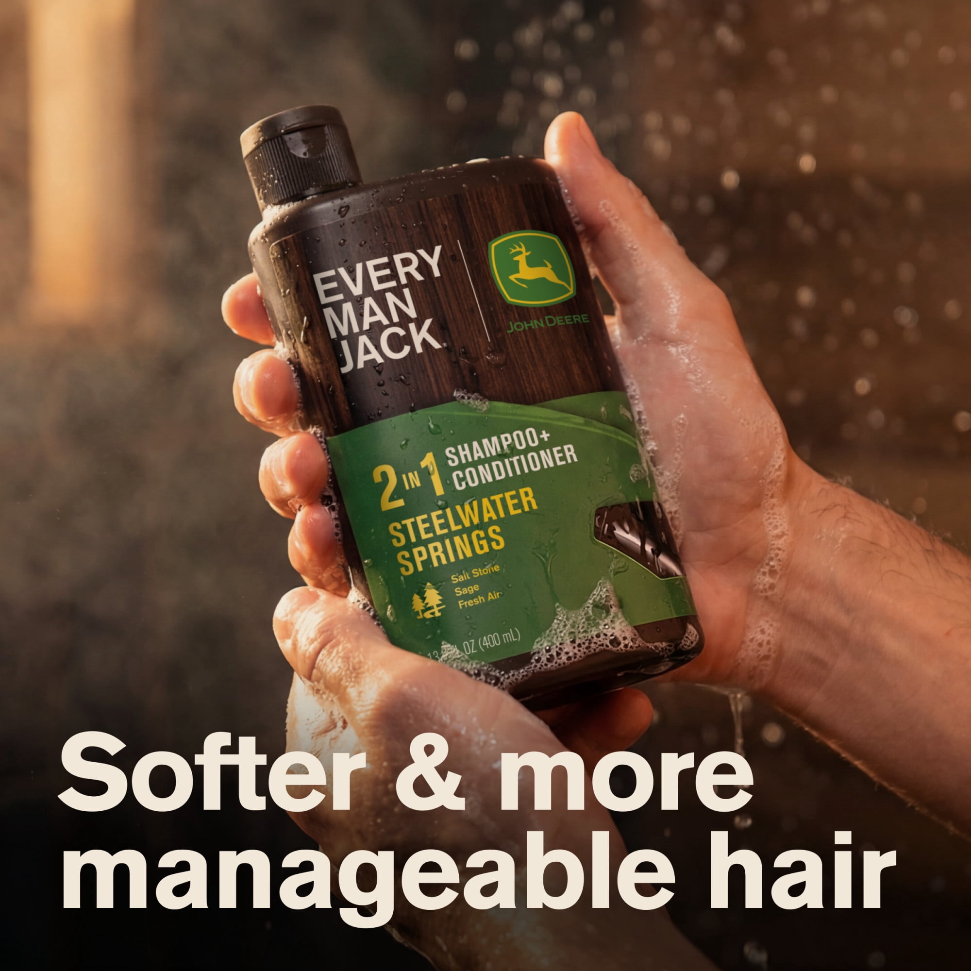 Every Man Jack Limited Edition John Deere Collection, 2-in-1 Men's Shampoo and Conditioner, Steelwater Springs scent, 13.5 oz