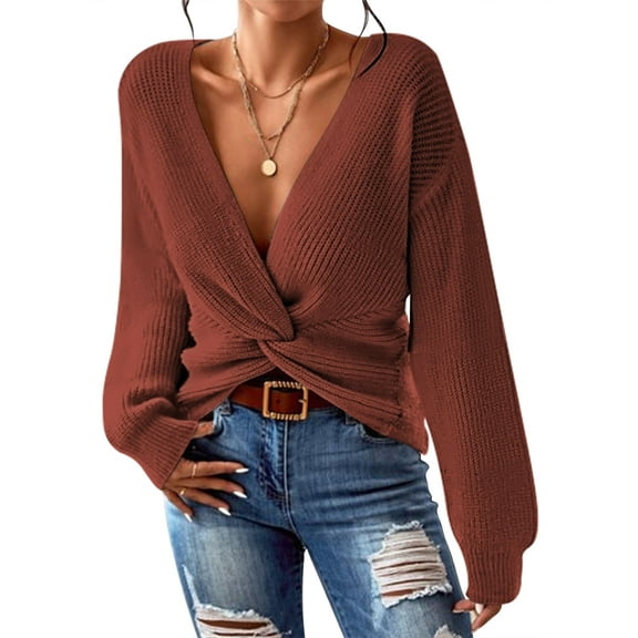 Pink Queen Spring Sweaters for Women 2026 Pullover Sexy V Neck Long Sleeve Twist Knot Cropped Knit Tops