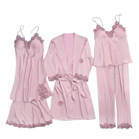 

Clearance 5PC Women s Sexy Pajamas Set Satin Pajama Sets Cami Top Nightgown Lace Sleepwear Dress Robe Pants Sets