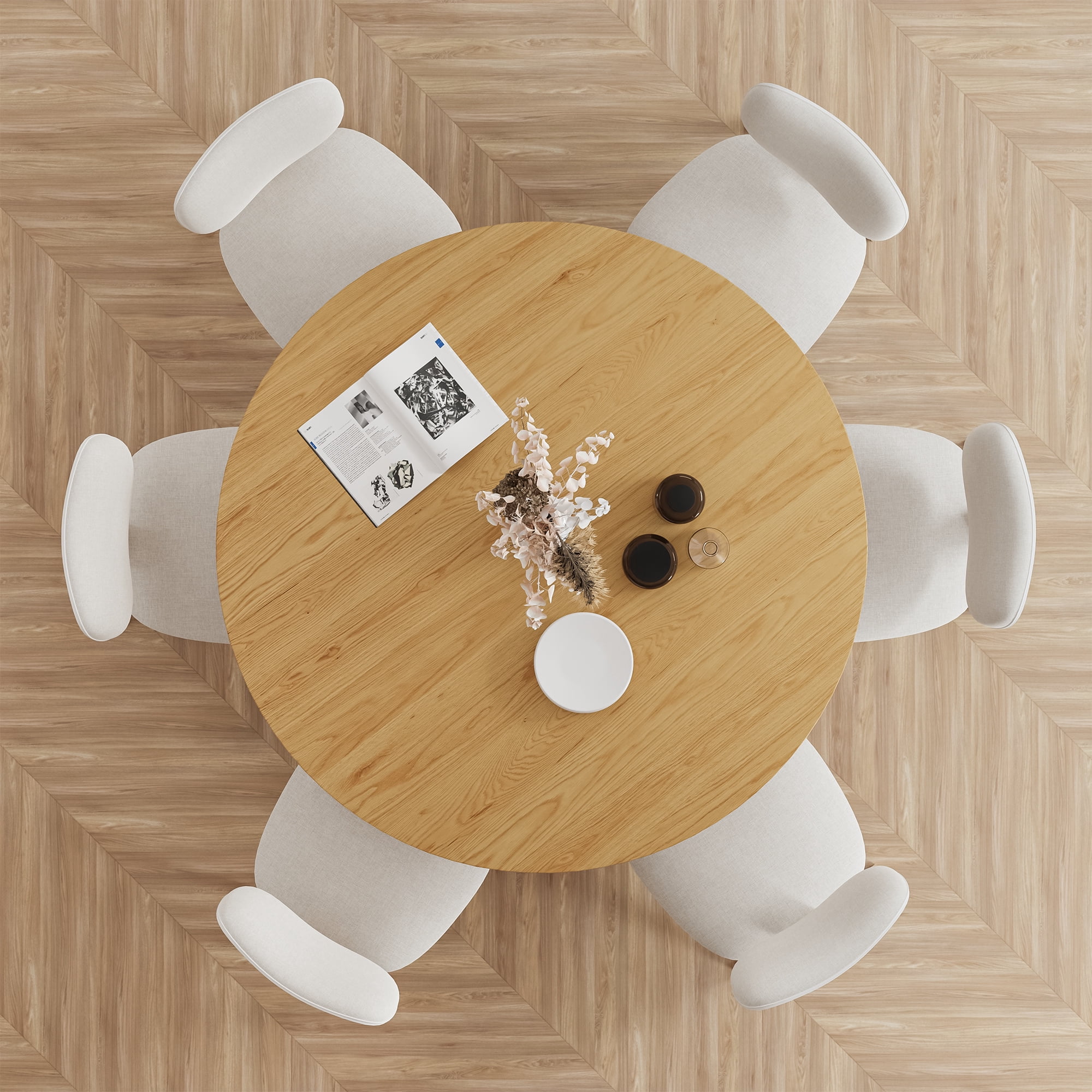 52" Round Dining Table Oak Wood Kitchen Table,Oak Color