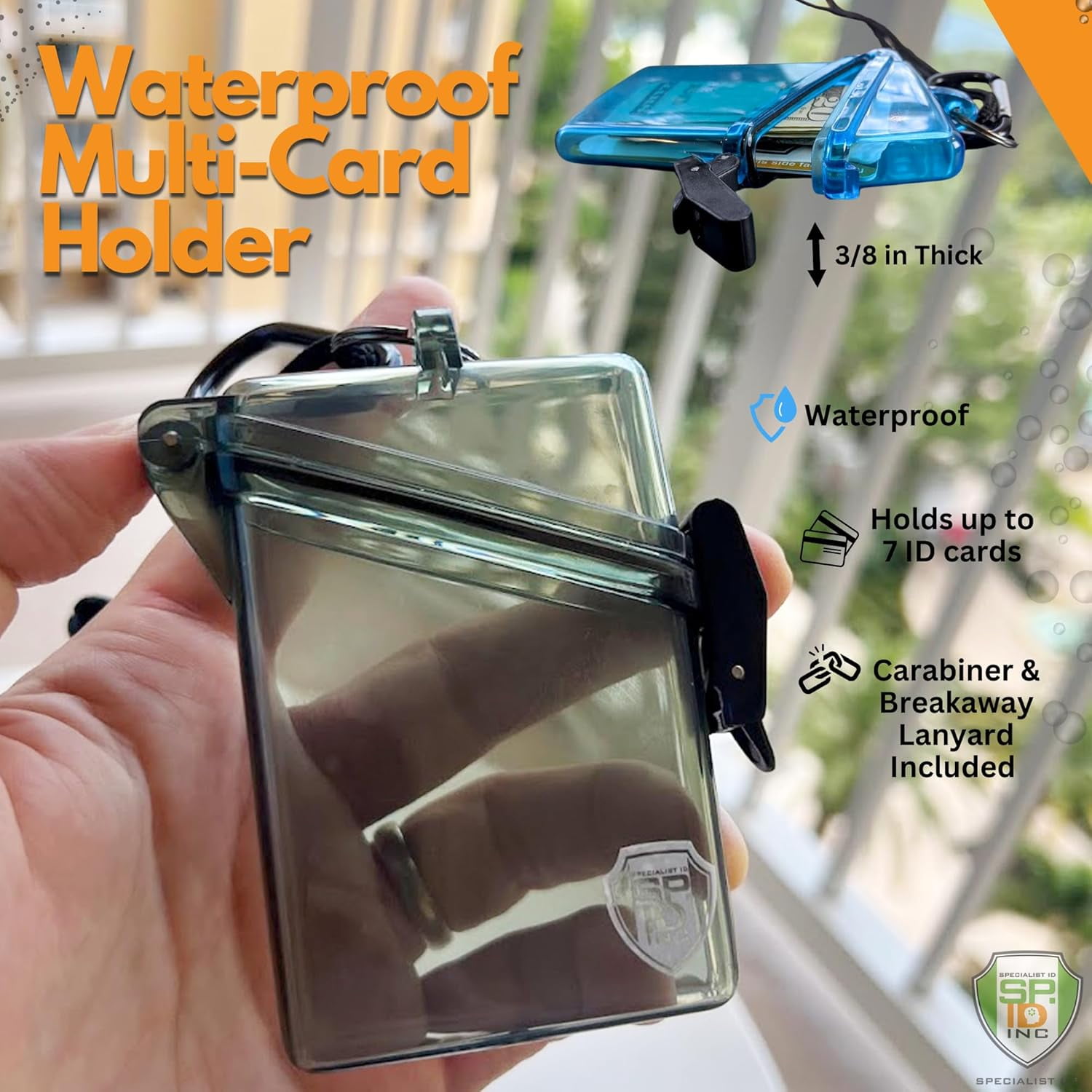 5 Pack - Waterproof ID Badge Holder with Lanyard & Clip - Money Holder for Swimming or Cruise - Clear Hard Plastic Waterproof Case for Key, Credit Cards & Travel by Specialist ID (Military Green)