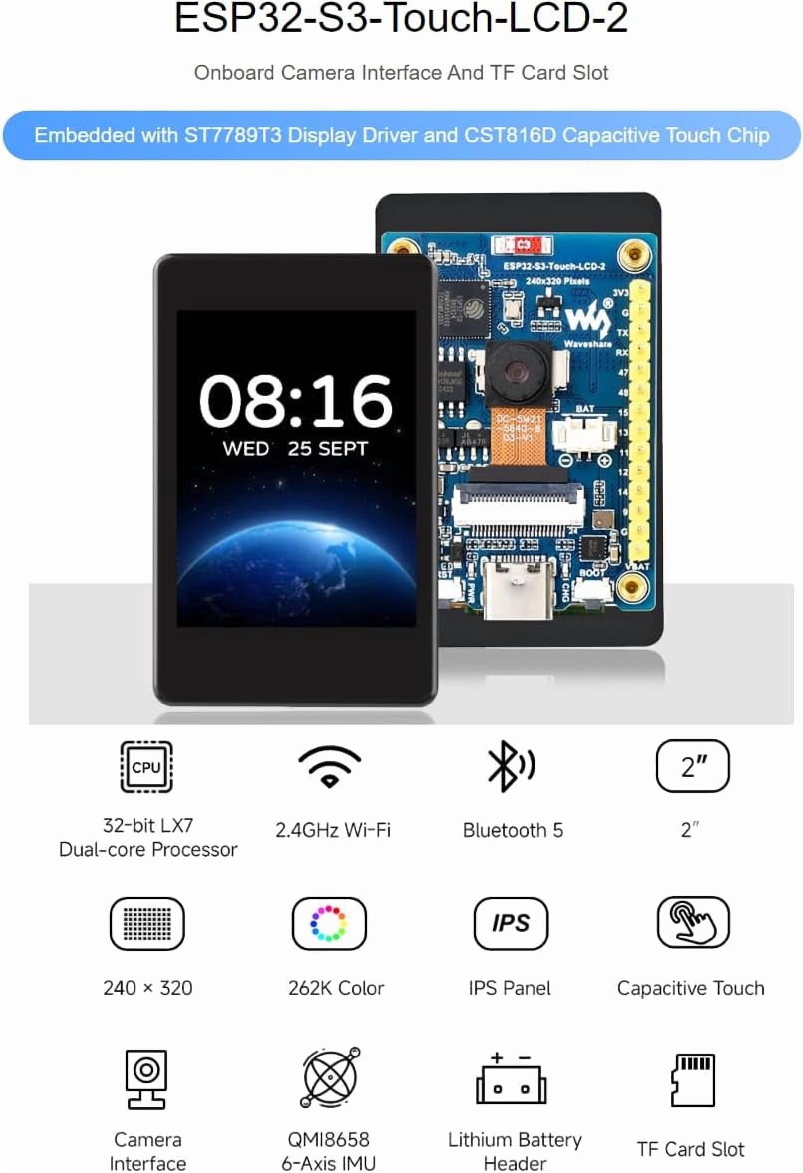 ESP32-S3 2inch Capacitive Touch Display Development Board 240×320 Pixels IPS Screen Embedded with ST7789T3 Driver and CST816D Chip,Supports WiFi & Bluetooth