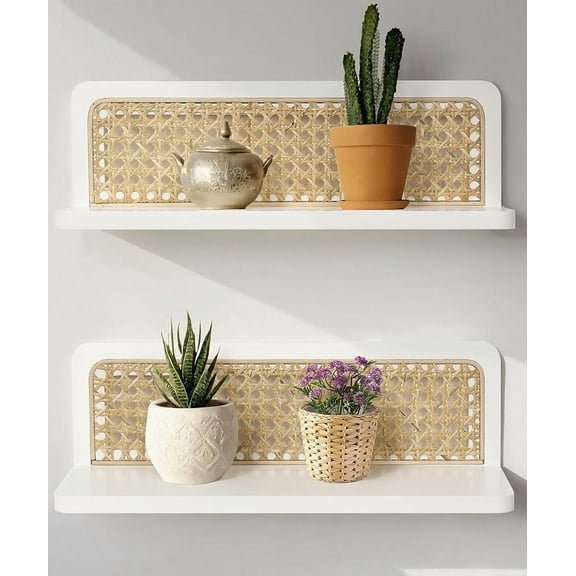 Sumgar Rattan Wall Shelf 16inch Set of 2, Handmade White Floating Shelves Boho Wall Decor, Rustic Wood Cute Wall Mounted Storage Shelves for Living Room Nursery Bedroom