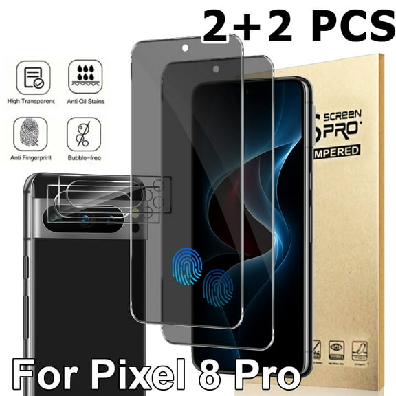 2 Pack for Google Pixel 8 Pro Screen Protector with 2 Pack Camera Lens Protector, HD Ultra-thin, 9H Hardness Tempered Glass Screen Protector for Pixel 8 Pro  [Fingerprint Compatible] Case Friendly ﻿