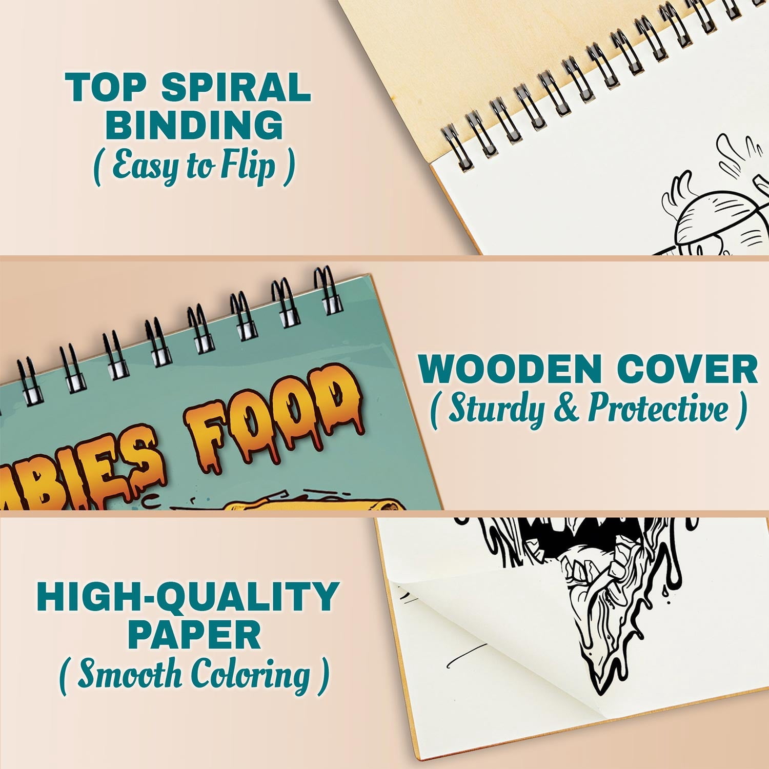Netecom Zombies Food Coloring Book Spiral Bound for Adults, A5 Wooden Cover, 30 Cute and Funny Coloring Pages of Monster Foods for Stress Relief and Relaxation