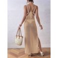 thumbnail image 5 of Womens Crochet Knit Sheer Summer Backless V Neck Side Slit Bathing Suit Cover Up Midi Dress Camel One Size, 5 of 6