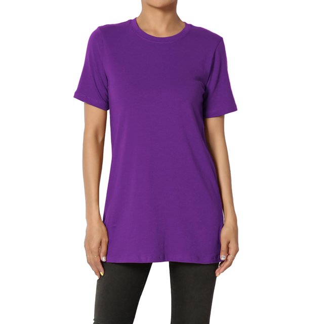TheMoogan Women's Basic Cotton Span Crew Neck Relxed Slim Fit Tee Tunic Length T-Shirt