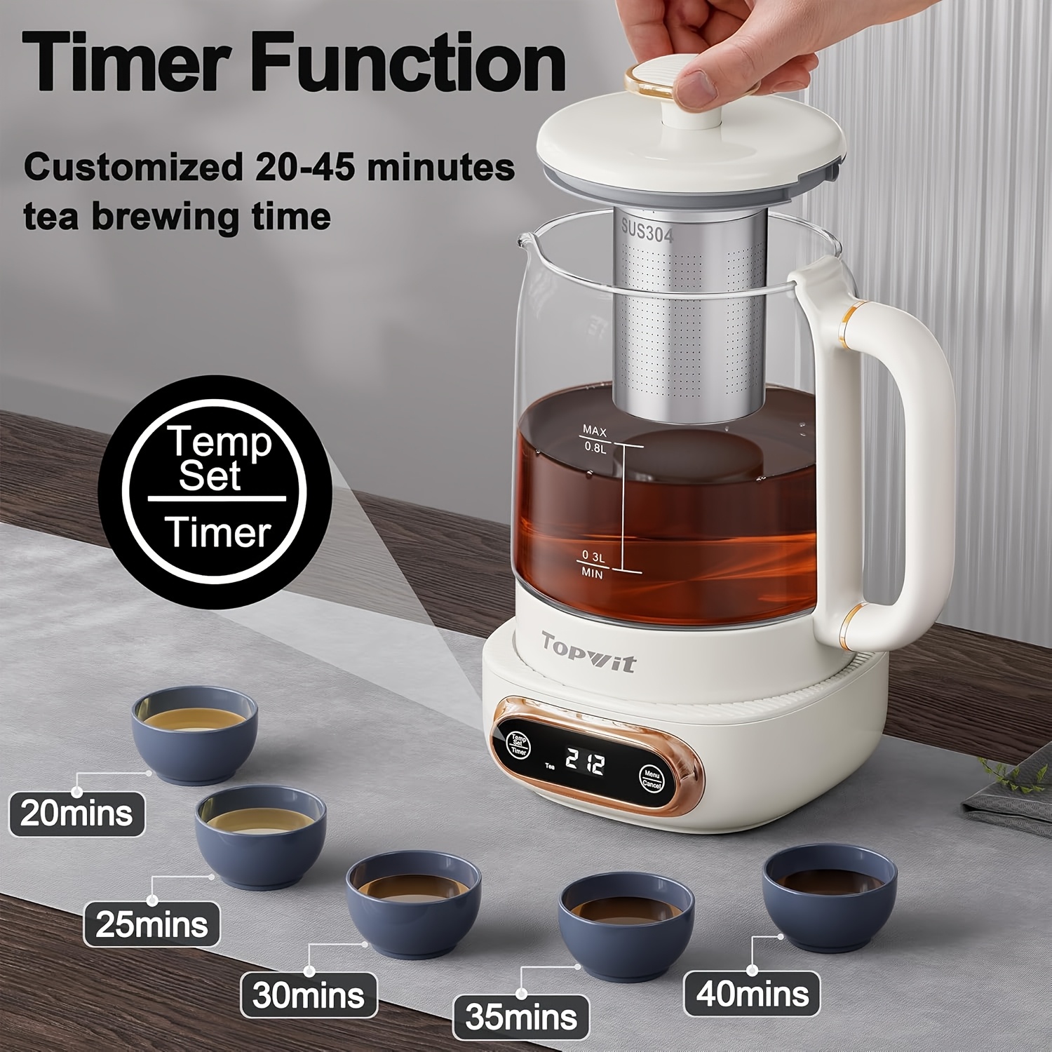 Electric Glass Kettle with Removable Infuser | 0.8L 8-in-1 Programmable Brewer | 11 Temp & 4 Preset Modes