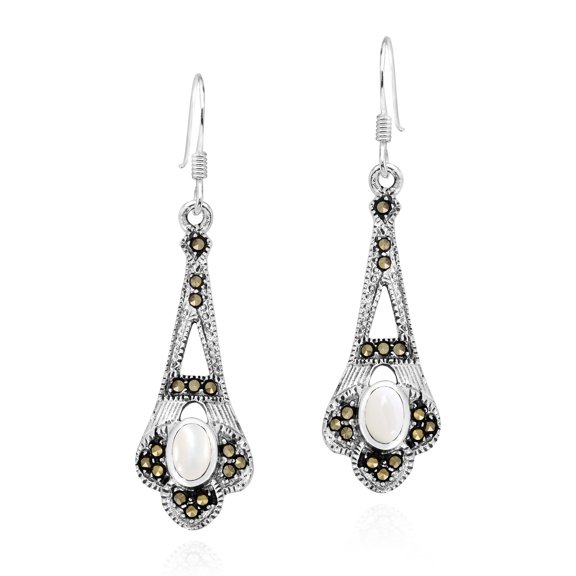 Ornate Marcasite & Oval Mother of Pearl Inlay Sterling Silver Dangle Earrings