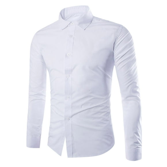 Lovzfmll Men's Fashion Business Casual Solid Color Button-Down Collar Long Sleeve Shirt for Office and Smart Wear White, L