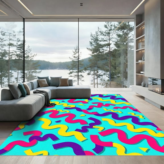 ODIKA 4'x6' Machine Washable Non-Slip Area Rug, 80s Turquoise High Traffic Rug, Blue, 1184486